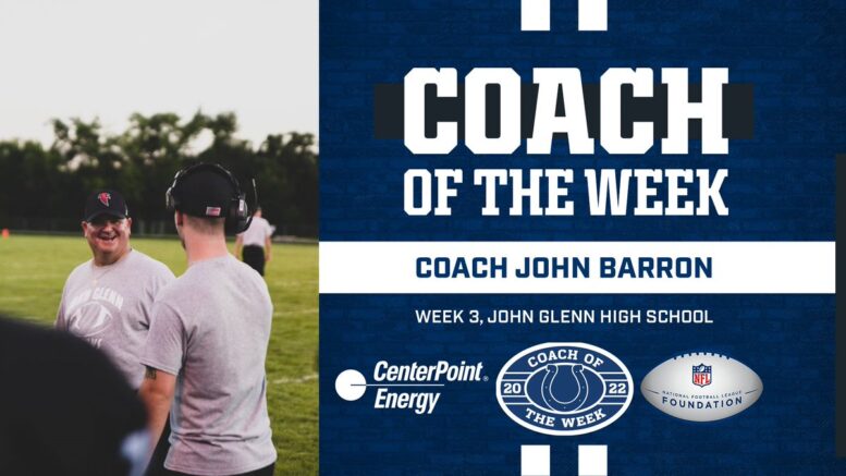 indianpolis colts name john barron of john glenn coach of the week