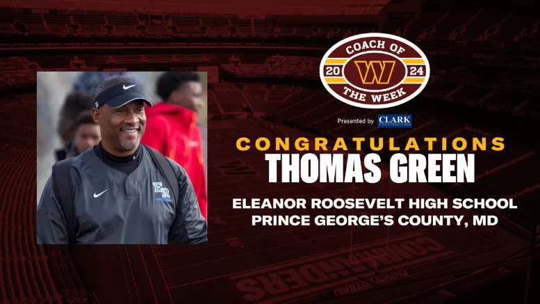 Washington Commaders High School Coach of the Week Thomas Green.